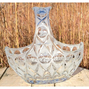 Cut Crystal Glass Basket Sawtooth Star & Diamond Pattern Clear Heavy Vintage